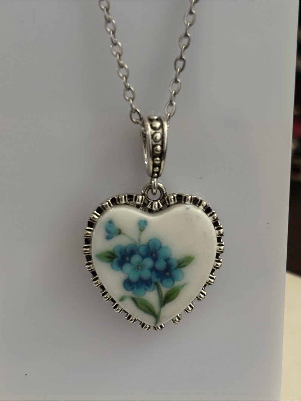 Silver Tone Blue Floral Heart Pendant Necklace, Painted Porcelain, Beaded Border